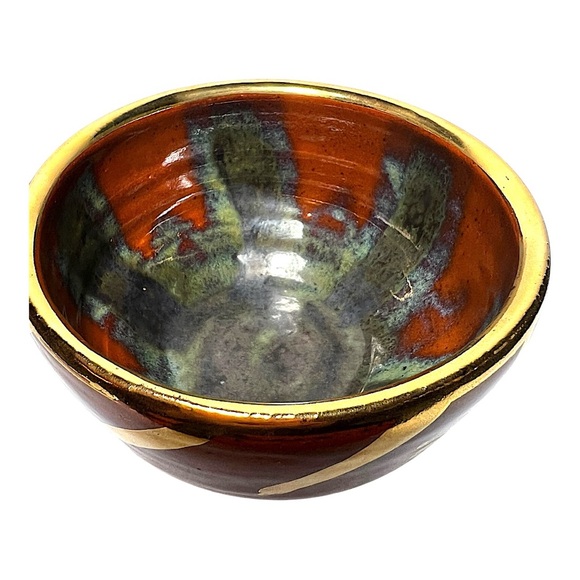 Stoneware Pottery Bowl with Genuine 18k Gold Trim in Rust & Olive Layered Glazes - Picture 9 of 13